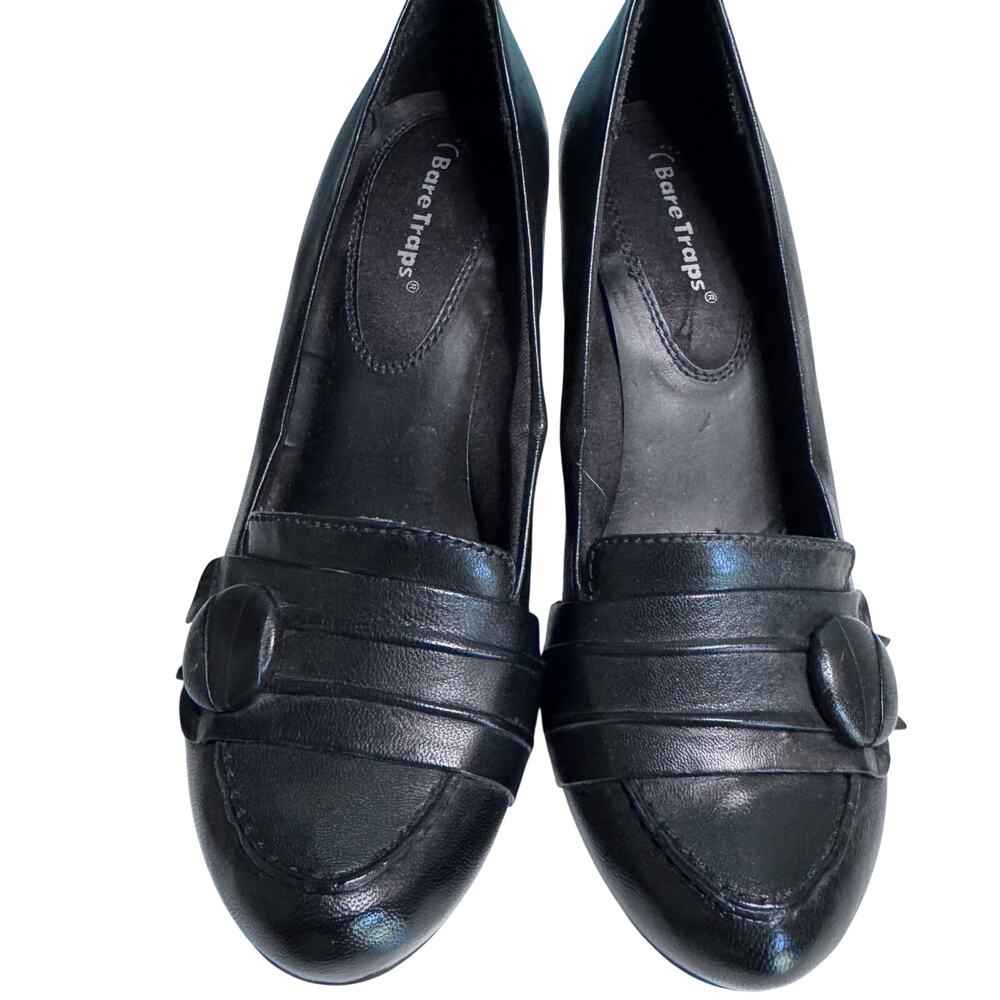 Bare Traps Savina Y2K Black Leather Block Heel Button Pumps Academia Size 6.5